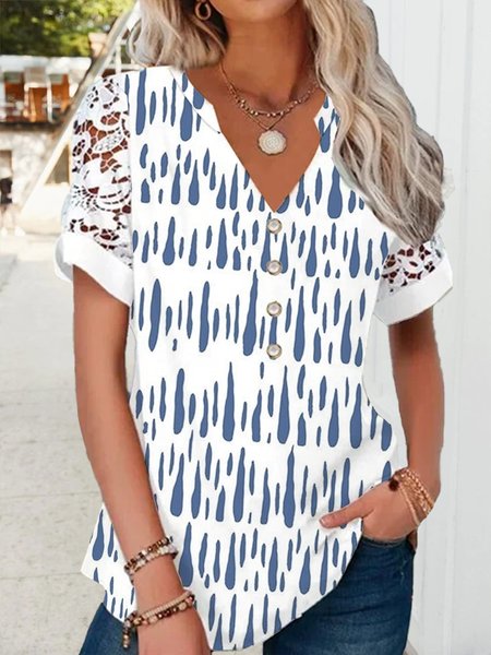 

Striped Printed Regular Fit Casual Short Sleeve V-neck Tops, White, Shirts & Blouses