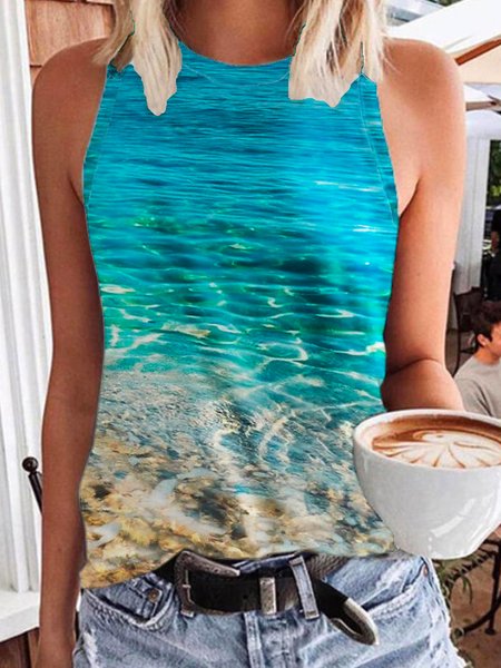 

Ocean Print Summer New Bestseller Ladies Sleeveless Knit Top, Multicolor, Tanks & Camis