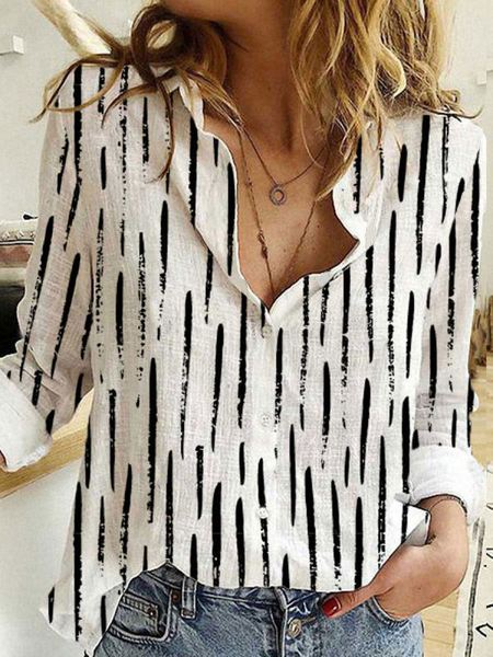 

Shirt Collar Striped Casual Long Sleeve Blouse, Black-white, Blouses & Shirts