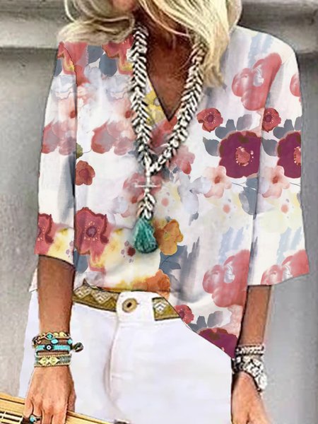 

Loose Vacation V neck Three Quarter Blouse, Multicolor, Blouses & Shirts