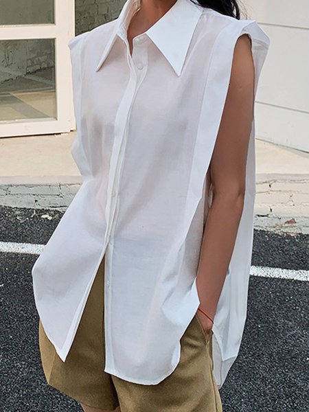 

Casual Solid Short Sleeve Shirt Collar Blouse, White, Blouses and Shirts