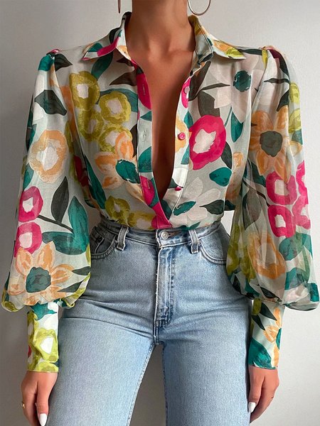 

Shirt Collar Elegant Regular Fit Long Sleeve Blouse, Green, Blouses and Shirts