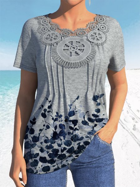 

Floral Lace Crew Neck Casual Short Sleeve T-Shirt, Gray, T-Shirts