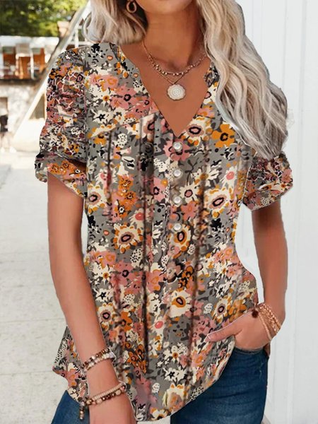 

Casual Regular Fit Floral Printed Short Sleeve V neck Tops, Brown, Tunics