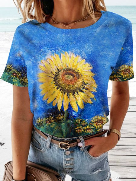 

Holiday flower RETRO art sunflower famous painting loose top T-shirt Plus Size, Multicolor, Tops