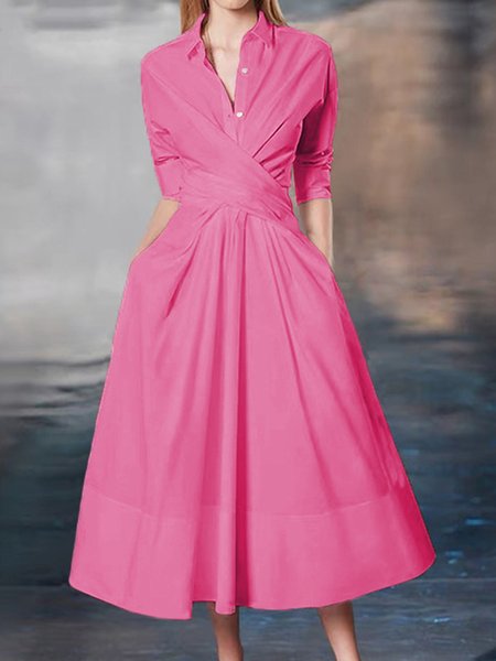

Shirt Collar Regular Fit Elegant Solid Dress, Deep pink, Midi Dresses