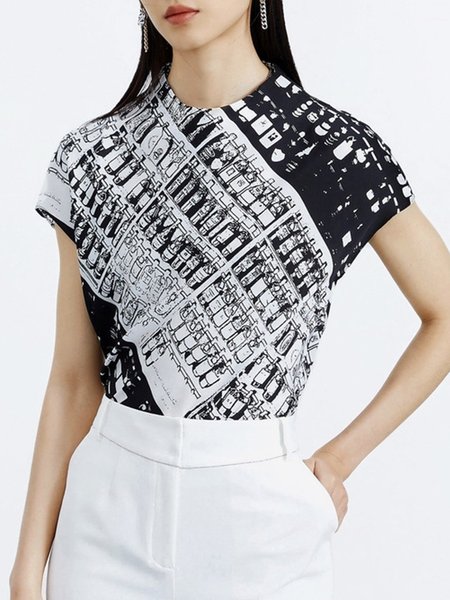 

Abstract Simple Crew Neck Short Sleeve Top, Black, Tops