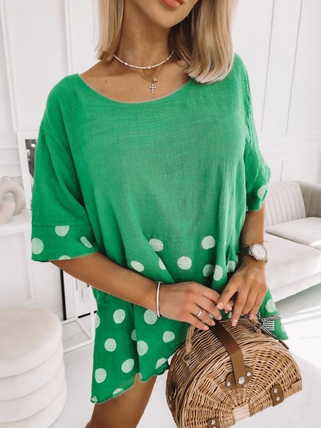 

Loosen Polka Dots Short Sleeve Tops, Green, Tops