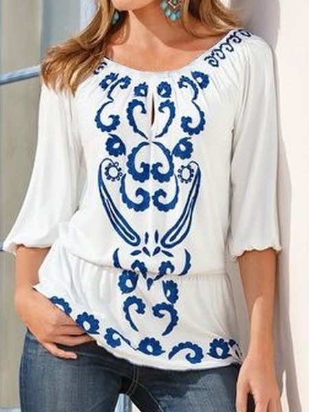 

Mexican Ethnic Print Summer New Bestseller Ladies Short Three-quarter Sleeve Top, Multicolor, Shirts & Blouses
