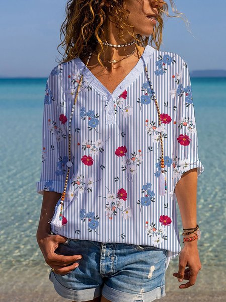 

Striped Floral V-Neck Shirt Top, Blue, Shirts & Blouses
