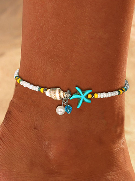 

JFN Seashell Anklet Starfish Turquoise Ankle Bracelet Silver Foot Chain Jewelry for Women and Girls, Blue, Anklets