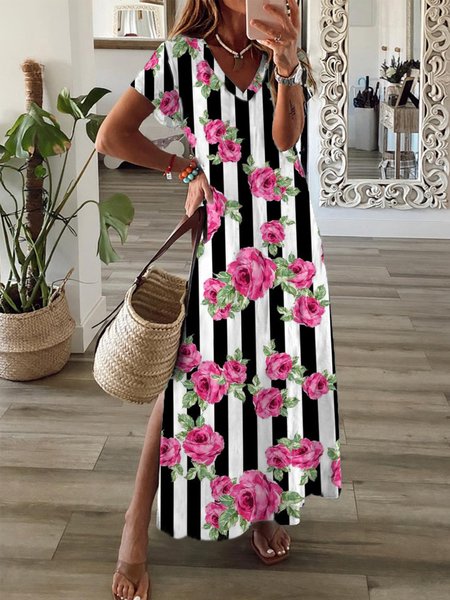 

V Neck Casual Floral Short Sleeve Dress, Multicolor, Maxi Dresses