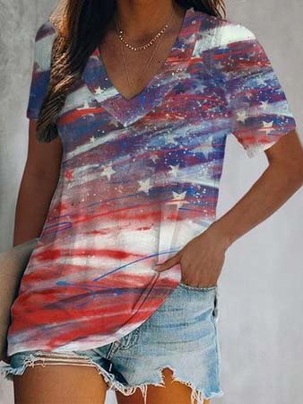 

Loosen V Neck Casual Star Short Sleeve T-Shirt, Multicolor, T-Shirts