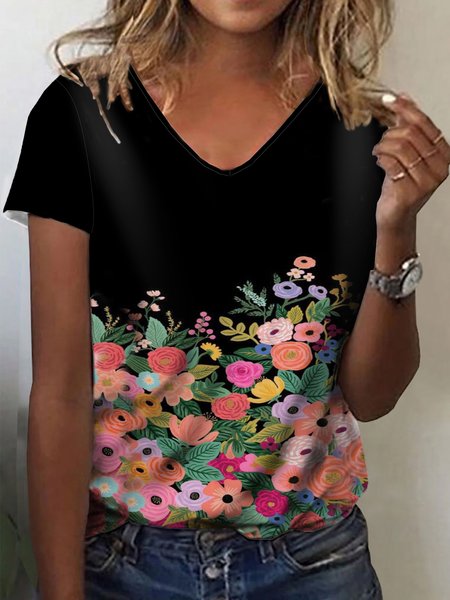 

V Neck Casual Cotton Blends Short Sleeve T-Shirt, Flower, T-Shirts
