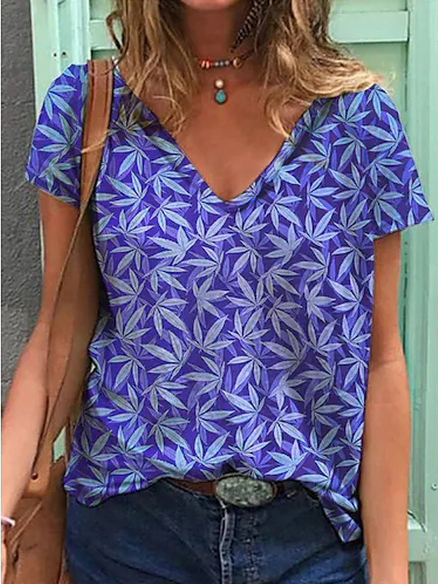 

Vacation V Neck Leaves Short Sleeve T-Shirt, Multicolor, T-Shirts