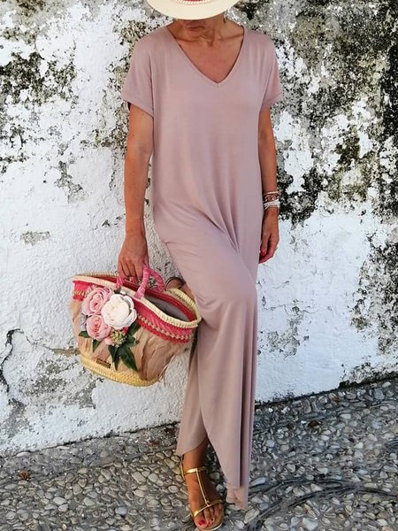

V Neck Loosen Solid Short Sleeve Knit Dress, As picture, Maxi Dresses