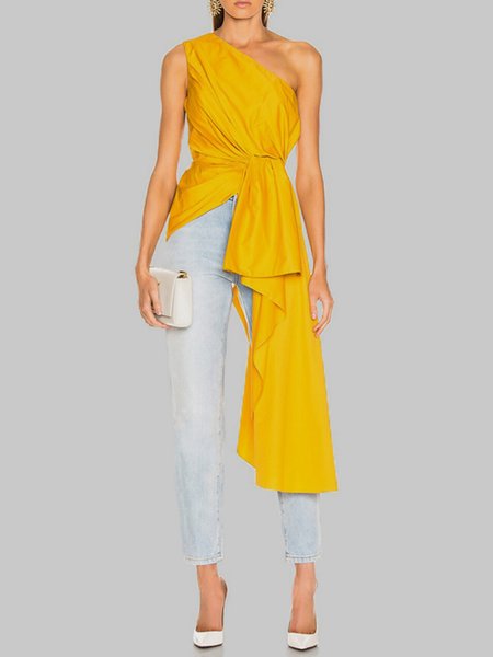 

One Shoulder Solid Regular fit Simple Woven, Yellow, Tunics