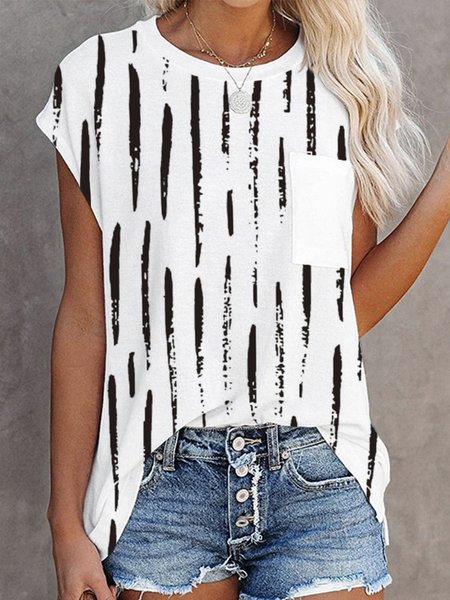

Striped Short Sleeve Crew Neck Pocket Plus Size Casual T-shirts, White, T-Shirts