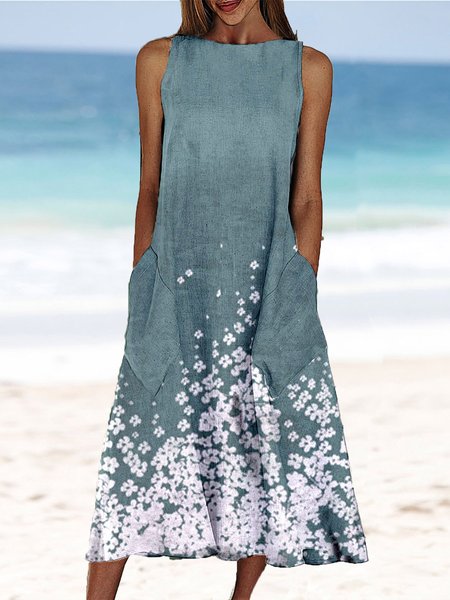 

Vacation Floral Casual Loosen Sleeveless Woven Dresses, Green, Midi Dresses