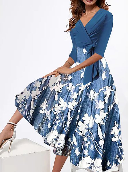 

Casual Floral Short Sleeve Knit Dress, Blue, Maxi Dresses