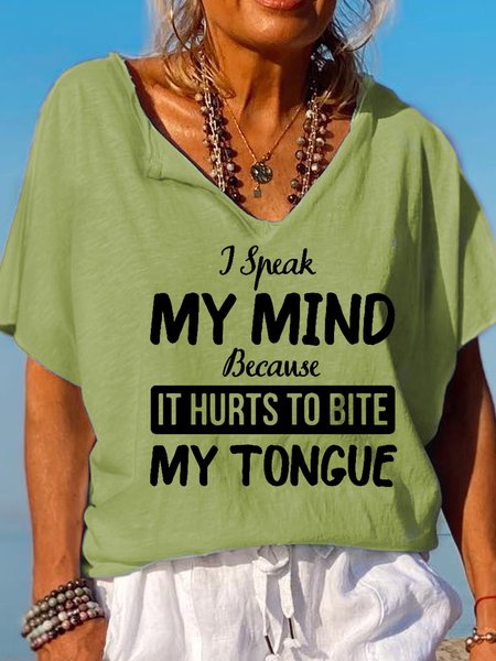 

Womens Funny I Speak My Mind Because It Hurts To Bite My Tongue Casual Letter Short Sleeve T-Shirt, Green, T-shirts