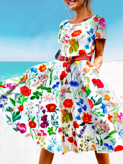 

Casual Crew Neck Short Sleeve Woven Dress, Flower, Midi Dresses