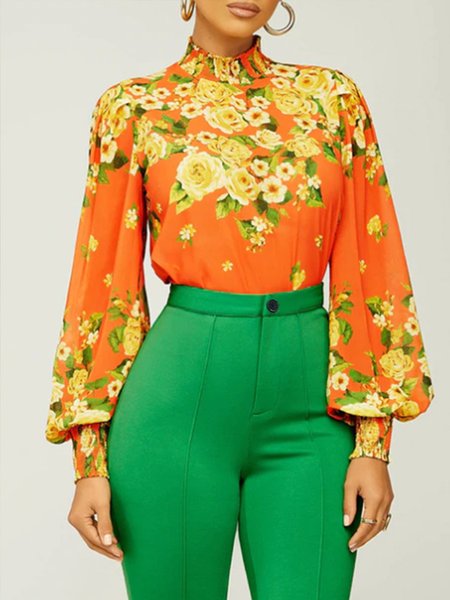 

Vacation Stand Collar Long Sleeve Floral Printed Top, Orange, Blouses and Shirts