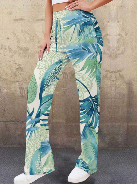 

Casual Leaf Paisley Print Stretch High Waist Yoga Pants, As picture, Pants