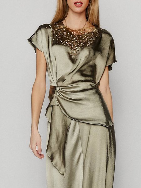 

Simple Asymmetric Short Sleeve Top, Darkgreen, Tops