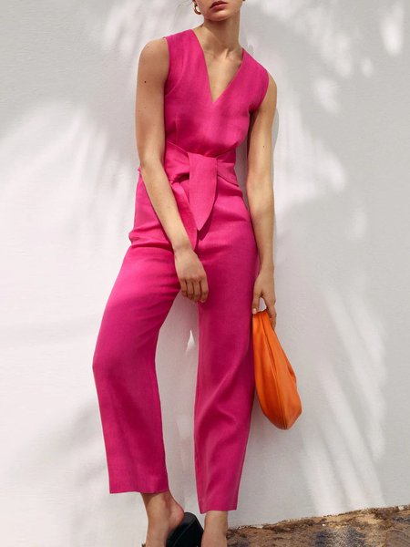 

V Neck Vacation Jumpsuit & Romper, Rose red, Jumpsuits