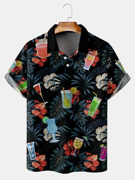 

Resort Style Hawaiian Series Botanical Floral Cocktail Element Pattern Lapel Short-Sleeved Polo pPrint Top, Black, Men's t-shirts