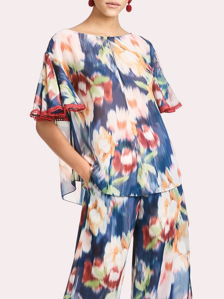 

Loosen Crew Neck Vacation Short Sleeve Top, Multicolor, Tops