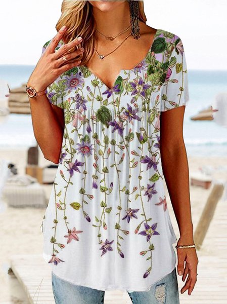 

V Neck Floral Casual Short Sleeve Tops, Multicolor, Shirts & Blouses