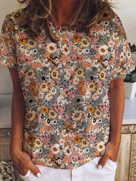 

Floral Days Casual Loosen Short Sleeve T-Shirt, As picture, T-shirts