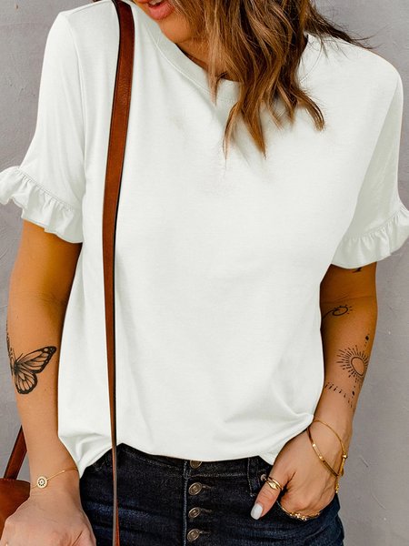 JFN Round Neck Solid Ruffled Sleeves Casual Blouse, White, Shirts & Blouses