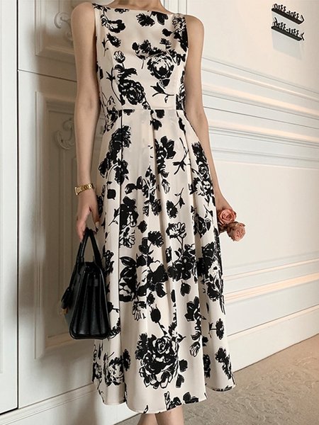 

Boat Neck Floral Elegant Sleeveless Woven Dress, Apricot, Maxi Dresses