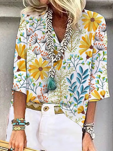 

Geometric flower linen holiday top T-shirt Plus Size, Multicolor, Shirts & Blouses