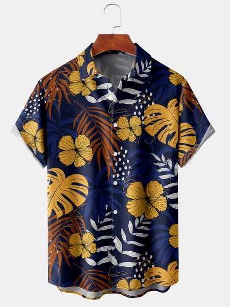 

Men's Hibiscus Print Casual Breathable Hawaiian Short Sleeve Shirt, Navyblue, Men's Floral shirt