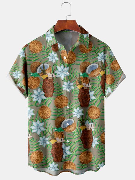 

Men's TIKI Cocktail Print Casual Breathable Hawaiian Short Sleeve Shirt, Green, Men's Floral shirt
