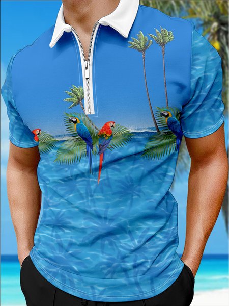 

Resort-Style Hawaiian Collection Floral And Parrot Coconut Tree Pattern Lapel Short-Sleeved Polo Print Top, Blue, Men's t-shirts