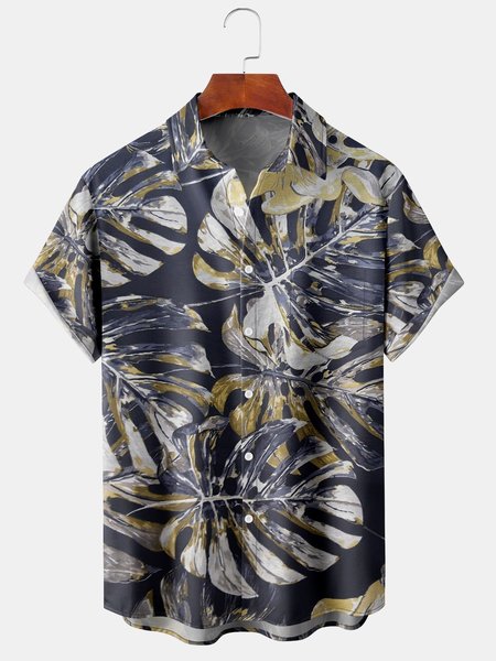 

Men's Palm Leaf Print Casual Breathable Hawaiian Short Sleeve Shirt, Black, Men's Floral shirt