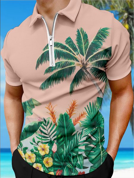 

Resort Style Hawaiian Series Leaf And Floral Element Pattern Lapel Short-Sleeved Polo Print Top, Pink, Men's t-shirts