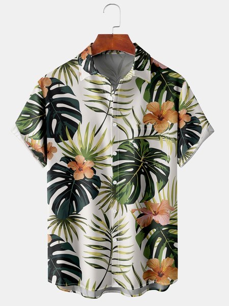 

Men's Hibiscus Print Casual Breathable Hawaiian Short Sleeve Shirt, White, Men's Floral shirt