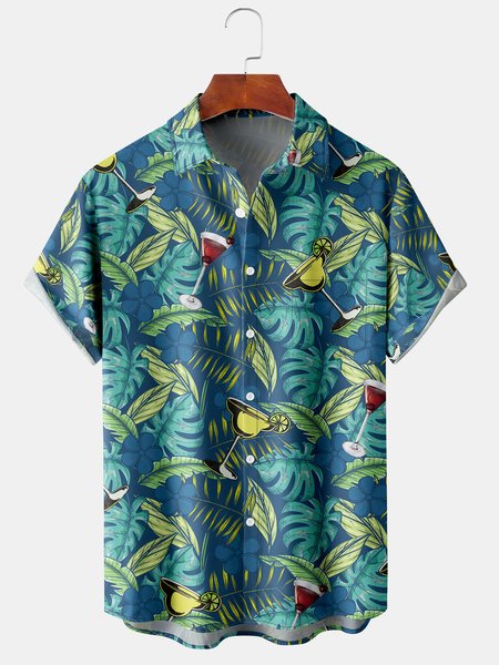 

Men's Cocktail Print Casual Breathable Hawaiian Short Sleeve Shirt, Blue, Men's Floral shirt