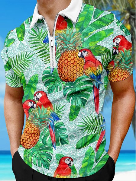 

Resort Style Hawaiian Series Leaf And Parrot Fruit Pattern Lapel Short-Sleeved Polo Print Top, Green, Men's t-shirts