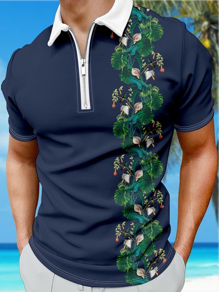 

Resort Style Hawaiian Series Leaf And Floral Element Pattern Lapel Short-Sleeved Polo Print Top, Purplish blue, Men's t-shirts