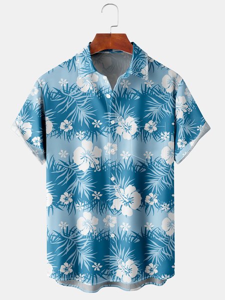 

Men's Hibiscus Print Casual Breathable Hawaiian Short Sleeve Shirt, Blue, Men's Floral shirt