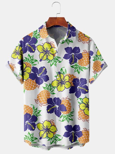 

Men's Hibiscus Fruit Print Casual Breathable Hawaiian Short Sleeve Shirt, White, Men's Floral shirt