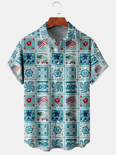 

Men's American Flag Print Casual Hawaiian Short Sleeve Shirt, As picture, Men's Floral shirt