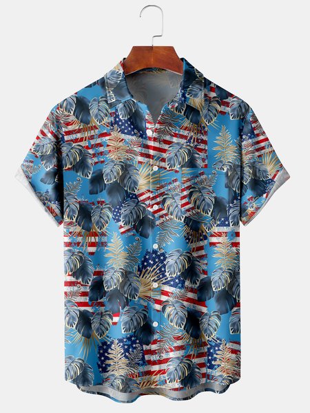 

Men's Flag Print Casual Breathable Hawaiian Short Sleeve Shirt, Blue, Men's Floral shirt